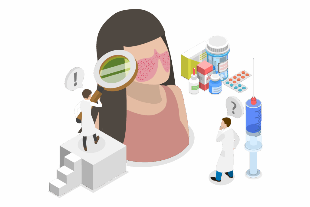 Lupus Graphic Medical illustration of woman with doctor studying her skin issues